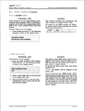 Page 352infhitem DVX I’
Digital Key Telephone System
SYSTEM PARAMETERS PROGRAMMING
MISC. SYSTEM PARAMETERS (Co&d)7 10.11 
ACCESS CODES
Programming StepsIf the system is in the programming mode,
continue using program codes. If starting to
program here, enter the programming mode.
Refer to Sec. 700.2, Program Mode Entry (Key
Station).
If Access Codes are to be changed:
1.Press FLASH and dial [20]. The following
message is shown on the display phone:A. DISA Access Code
Programming Steps
If this feature is to be...