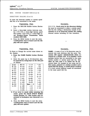 Page 358 rinfznite” DVX I’Digital Key Telephone System
SYSTEM PARAMETERS PROGRAMMING
MISC. SYSTEM PARAMETERS (Cont’d)
DIRECTORY DIALING (Cont’d)
To enter the Intercom number or system speed
dial bin to be associated to the name:
Programming Steps
1.Press the BIN/ICM flexible button (Button
#l).
2.Enter a three-digit station intercom num-
ber 
(loo-195), a three-digit System speed
dial number 
(020-099),or a three-digit Lo-cal Number/Name Translation Table
number (300-499).
3.Press the HOLD button to save the...