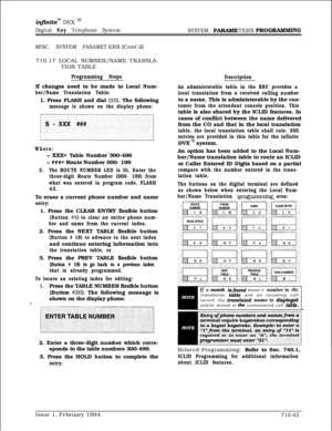 Page 362intftnitem DVX I’
Digital Key Telephone System
SYSTEM PARAMETERS PROGRAMMlNG
MISC. SYSTEM PARAMETERS (Cont’d)
710.17 LOCAL NUMBER/NAME TRANSLA-
TION TABLE
Programming StepsIf changes need to be made to Local Num-
ber/Name Translation Table:1. Press FLASH and dial 
[55]. The following
message is shown on the display phone:
Where:
- XXX= Table Number 300-499
- ###= Route Number 000- 199
2.The ROUTE NUMBER LED is lit. Enter the
three-digit Route Number (000- 199) from
what was entered in program code,...