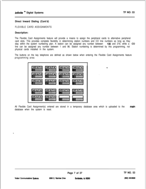 Page 390lnfhife ” Digital SystemsTF NO: 53
Direct Inward Dialing (Cont’d)
FLEXIBLE CARD ASSIGNMENTS
Description:
The Flexible Card Assignments feature will provide a means to assign the peripheral cards to alternative peripheral
card slots. This provides complete flexibility in determining station numbers and CO line numbers as long as they
stay within the system numbering plan. A station can be assigned any number between 
190 and 219, while a CO
line can be assigned any number between 1 and 96. Station...