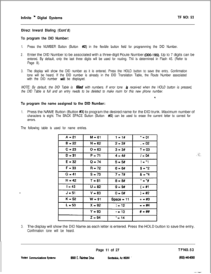 Page 394Infinite n Digital SystemsTF NO: 53
Direct Inward Dialing (Cont’d)
To program the DID Number:
1.Press the NUMBER Button (Button #2) in the flexible button field for programming the DID Number.
2.Enter the DID Number to be associated with a three-digit Route Number (009199). Up to 7 digits can be
entered. By default, only the last three digits will be used for routing. Thii is determined in Flash 45. (Refer to
Page 8).
3.The display will show the DID number as it is entered. Press the HOLD button to save...