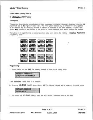 Page 398infinlfe ” Digital SystemsTF NO: 53
Direct Inward Dialing (Cont’d)
C. 
InNalization of DID Tables:
Description:This section describes the procedures and steps necessary to initialize the system database returning 
any
programmed data to 
its original or default value. The entire system database may be initialized or various portions
of the database may be individually initialized. In addition to initialization of the entire database, a system reset
(Button 
#20) command is also included in this section...