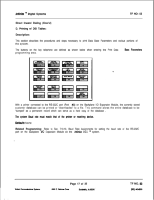 Page 400Infinite ” Digital SystemsTF NO: 53
Direct Inward Dialing (Cont’d)
D. Printing of DID Tables:
Description:
This section describes the procedures and steps necessary to print Data Base Parameters and various portions of
the system.
The buttons on the key telephone are defined as shown below when entering the Print Data 
Bass Parameters
programming area.
With a printer connected to the RS-232C port (Port 
#3) on the Backplane I/O Expansion Module, the currently stored
customer database can be printed or...