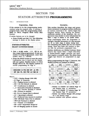 Page 412infznitem DVX I’Digital Key Telephone SystemSTATION ATTRIBUTES PROGRAMMING
SECTION 730STATION ATTRIBUTES 
PROGRARlIMING
730.1INTRODUCTION
Programming StepsIf the system is in the programming mode,
continue using the program codes. If starting toprogram here, enter the programming mode.
Refer to 700.2, Program Mode Entry (Key
Station).
If station features are to be changed:a. Press FLASH and dial 
[50]. The following
message is shown on the display phone:
b. Enter a six-digit number 
(loo- 195) for...