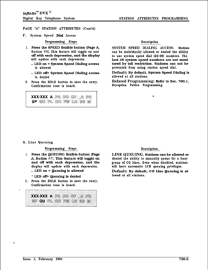 Page 416infinitem DVX I’
Digital Key Telephone System
STATION ATTRIBUTES PROGRAMMING
.’PAGE “A” STATION ATTRIBUTES (Cont’d)
F.System Speed 
Dial Access
Programming Steps
1.Press the SPEED flexible button (Page A,
Button #6). This feature will toggle on andoff with each depression, and the display
will update with each depression.l LED on = System Speed Dialing access
is allowedl LED off= System Speed Dialing access
is denied
2.Press the HOLD button to save the entry.
Confirmation tone is heard.Description
SYSTEM...