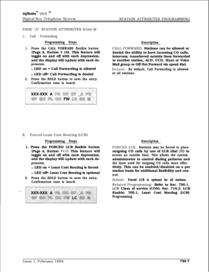 Page 418infznite” DVX I’Digital Key Telephone System
STATION ATTRIBUTES PROGRAMMING
PAGE “A” STATION ATTRIBUTES (Cont’d)
J.Call Forwarding
Programming Steps
1.Press the CALL FORWARD flexible button(Page A, Button # 10). This feature will
toggle on and off with each depression,
and the display will update with each de-
pression.l LED on = Call Forwarding is allowed
l LED off= Call Forwarding is denied
2.Press the HOLD button to save the entry.
Confirmation tone is heard.DescriptionCALL FORWARD. Stations can be...