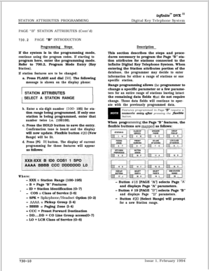 Page 421STATION ATTRIBUTES PROGRAMMINGinjinitem DVX I’Digital Key Telephone System
PAGE “B” STATION ATTRIBUTES (Cont’d)
730.2PAGE “B” INTRODUCTION
Programming StepsDescriptionIf the system is in the programming mode,
continue using the program codes. If starting toprogram here, enter the programming mode.
Refer to 700.2, Program Mode Entry (Key
Station).
If station features are to be changed:a. Press FLASH and dial 
[50]. The following
message is shown on the display phone:This section describes the steps and...
