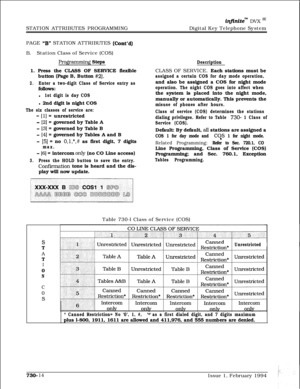 Page 425STATION ATTRIBUTES PROGRAMMINGinJinitem DVX I*Digital Key Telephone System
PAGE 
“B” STATION ATTRIBUTES (Cont’d)B.Station Class of Service (COS)
Programming Steps
1. Press the CLASS OF SERVICE flexible
button (Page B, Button 
#2).
2.Enter a two-digit Class of Service entry asfollows:
l
1st digit is day COSl 2nd digit is night COS
The six classes of service are:
- [l] = unrestricted
- [2] = governed by Table A
DescriptionCLASS OF SERVICE. Each stations must be
assigned a certain COS for day mode...