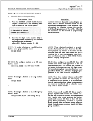 Page 431in$initem DVX I’STATION ATTRIBUTES PROGRAMMINGDigital Key Telephone System
PAGE 
“B” STATION ATTRIBUTES (Cont’d)
J.Flexible Button Programming
Programming Steps
1.Press the BUTTON ASSIGN flexible button(Page B, Button 
# 10). The following mes-
sage is shown on the display phone:
2.Enter the two-digit button number [BB] tobe programmed followed by the desired
button function as follows:
where: BB= Button number (0 l-24)
MULTI: To assign a button as a multi-function
button (user programmable) enter:BB [0]...