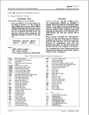 Page 433infinitem DVX I’STATION ATTRIBUTES PROGRAMMINGDigital Key Telephone System
PAGE 
“B” STATION ATTRIBUTES (Cont’d)
K. Display Flexible Buttons
Programming Steps
If the flexible buttons are to be viewed:
1.Press the DISPLAY BUTTONS flexible but-ton (Page B, Button 
#17). The program-
ming assignment on four buttons will be
displayed starting with the lowest button
number. With each sub-sequent depres-
sion of the DISPLAY BUTTONS button, thenext four buttons will be displayed. The
following message is shown...