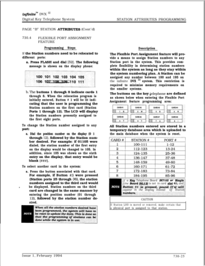 Page 436inJinitem DVX I’Digital Key Telephone System
STATION ATTRIBUTES PROGRAMMING
PAGE “B” STATION 
ATIXIBUTES (Cont’d)
730.4FLEXIBLE PORT ASSIGNMENT
FEATURE
Programming StepsIf the Station numbers need to be relocated to
different ports:a. Press FLASH and dial 
[52]. The following
message is shown on the display phone:
b.The buttons 1 through 8 indicate cards 1
through 8. When the relocation program is
initially entered, Button # 1 will be lit indi-cating that the user is programming the
Station numbers on...