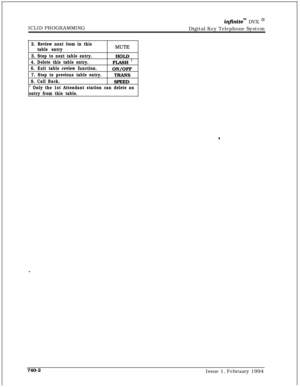 Page 439ICLID PROGRAMMINGinJinitem DVX I’Digital Key Telephone System
2. Review next item in this
table entryMUTE
3. Step to next table entry.HOLD
4. Delete this table entry.FLASH ’
6. Exit table review function.ON/OFF
7. Step to previous table entry.TRANS
8. Call Back.SPEED
’ Only the 1st Attendant station can delete an
entry from this table.740-2
Issue 1, February 1994 