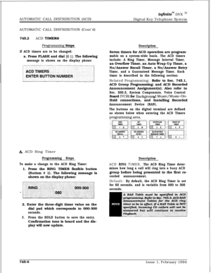 Page 450AUTOMATIC CALL DISTRIBUTION (ACD)in.niteTM DVX IIJDigital Key Telephone System
AUTOMATIC CALL DISTRIBUTION (Cont’d)
745.2ACD 
TIlvlERS
Programming Steps
If ACD timers are to be changed:a. Press FLASH and dial 
(6 1). The following
message is shown on the display phone:
A ACD Ring Timer
Programming Steps
To make a change to the ACD Ring Timer:1. Press the RING TIMER flexible button
(Button # 1). The following message is
shown on the display phone:
2. Enter the three-digit timer value on the
dial pad which...