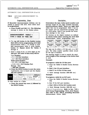 Page 454AUTOMATIC CALL DISTRIBUTION (ACD)infiniteTM DVX I’Digital Key TelephoneSystem
AUTOMATIC CALL DISTRIBUTION (Cont’d)
745.3ACD RAN ANNOUNCEMENT TA-
BLES
Programming StepsIf Recorded Announcement devices are in-
stalled to operate with ACD, these tables mustbe programmed:
a. Press FLASH and dial 
[62]. The following
message is shown on the display phone:
b.The top left button in the flexible button
field will be lit for programming ACD RAN
Announcement Table 1. To change to ACD
RAN Announcement Table 2,...