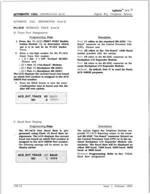 Page 456in.nitem DVX I’
AUTOMAT cfim DISTRIBUTION (ACD)Digital Key Telephone System
AUTOMATIC CALL DISTRIBUTION (Cont’d)
PC/ACD INTERFACE TRACE (Cont’d)B. Trace Port Assignment
Programming Steps1. Press the 
PC/ACD PRINT PORT flexible
button (Button 
#2) to determine which
port is to be used for the PC/ACD Interface
Trace.
2.Enter a one-digit number for the PC/ACD
Event Trace Port number:
-[ 1) = Port # 1 (CPU “On-Board” RS-232C)
(Future use)
- [2] = Port #2 (“On-Board” Modem)
- [3] = Port #3 (Backplane...