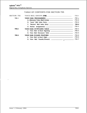 Page 472infznitem DVK I’Digital Key Telephone System
TABLE OF CONTENTS FOR SECTION 755
SECTION 755
755.1755.2
755.3VOICE MAIL GROUPS 
(VM)..........................................................755-l
VOICE MAIL PROGRAMMING
..............................................................
.755- 1A. Alternate Voice Mail Group
.......................................................
.755-2
B.“Leave” Mail Index Entry............................................................755-2
C.“Retrieve” Mail Index...