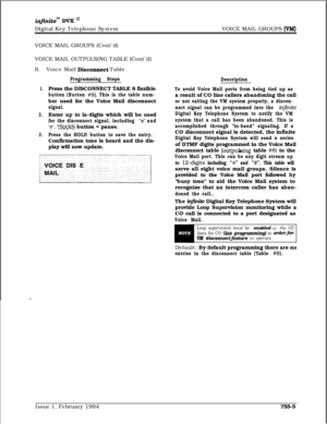 Page 477iq.fMte” DVK I’Digital Key Telephone SystemVOICE MAIL GROUPS 
(VM)VOICE MAIL GROUPS (Cont’d)
VOICE MAIL OUTPULSING TABLE (Cont’d)
B.Voice Mail DiSCOMCCt Table
Programming Steps
1.Press the DISCONNECT TABLE 8 flexible
button (Button #9). This is the table num-ber used for the Voice Mail disconnect
signal.
2.Enter up to la-digits which will be used
for the disconnect signal, including ‘x’ and
‘#‘. TRANS button = pause.
3.Press the HOLD button to save the entry.Confirmation tone is heard and the dis-
play...