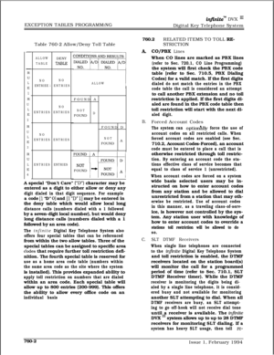 Page 482EXCEPTION TABLES PROGRAMMINGin..nitem DVX I’Digital Key Telephone System
760.2RELATED ITEMS TO TOLL 
RE-Table 760-2 Allow/Deny Toll Table
-
-R
U
LE
1R
U
LE
2R
U
LE
3R
U
LE
4ALLOW
TABLE
NO
ENTRIEE
ENTRIES
NO
ENTRIES
ENTRIES
iDENY
TABLE
NO
ENTRIES
NO
ENTRIES
ENTRIES
ENTRIESALLOWFOUND A
NOTFOUNDDFOUND D
NOTFOUNDA
FOUND
Nm !*~FZZD(_!I  ,I  I
A special “Don’t Care” 
(“D”) character may be
entered as a digit to either allow or deny any
digit dialed in that digit sequence. For examplea code 
11 “D” 01 and 11...