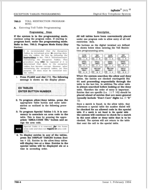 Page 484EXCEPTION TABLES PROGRAMMINGinfinitem DVX InDigital Key Telephone System
760.3TOLL RESTRICTION PROGRAM-
MING
kEntering Toll Table Programming
Programming StepsIf the system is in the programming mode,
continue using the program codes. If starting toprogram here, enter the programming mode.
Refer to Sec. 700.2, Program Mode Entry (Key
Station).It is recommended that the Exception
Tables be initialized prior 
to entering data
into the tables. Do this by following the
instfuctions in Sec. 700.5,...