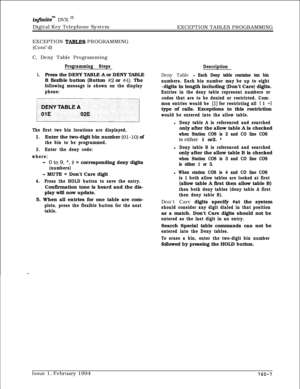 Page 487infxnite” DVX I’Digital Key Telephone System
EXCEPTION TABLES PROGRAMMING
EXCEPTION 
TABLES PROGRAMMING
(Cont’d)
C. Deny Table Programming
Programming Steps
1.Press the DENY TABLE A or DENY TABLE
B flexible button (Button 
#2 or #4). The
following message is shown on the display
phone:
The first two bin locations are displayed.
2.Enter the two-digit bin number (01-10) of
the bin to be programmed.
3.Enter the deny code:
where:
- oto9,*, # = corresponding deny digits
(numbers)
- MUTE = Don’t Care digit...