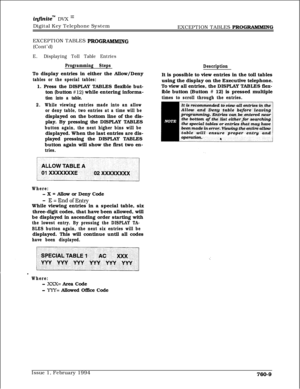 Page 489inftnitem DVX I’Digital Key Telephone System
EXCEPTION TABLES 
PROG-GEXCEPTION TABLES 
PROGIUMMING(Cont’d)
E.Displaying Toll Table Entries
Programming StepsTo display entries in either the Allow/Deny
tables or the special tables:1. Press the DISPLAY TABLES flexible but-
ton (button 
#12) while entering informa-
tion into a table.
2.While viewing entries made into an allow
or deny table, two entries at a time will bedisplayed on the bottom line of the dis-
play. By pressing the DISPLAY TABLES
button...