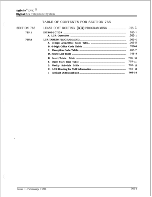 Page 490infmitem DVX I’
Digitd Key Telephone System
TABLE OF CONTENTS FOR SECTION 765
SECTION 765
765.1765.2LEASTCOSTROUTING
&CR)PROGRAMMING.........................765- 1
INTRODUCTION....................................................................................765- 1A. LCR Operation..........................................................................
.765- 1LCR TABLES 
PROGRAMMlNG...............................................................765-4
A.3-Digit Area/Office Code...