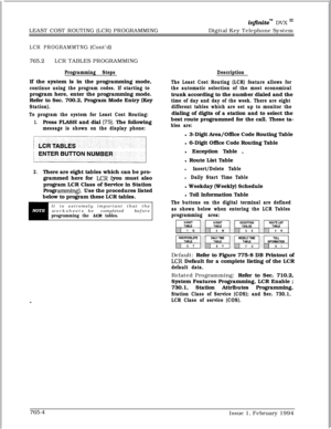 Page 494in.nitem DVX I’LEAST COST ROUTING (LCR) PROGRAMMINGDigital Key Telephone System
LCR PROGRAMMTNG (Cont’d)
765.2LCR TABLES PROGRAMMING
Programming StepsIf the system is in the programming mode,
continue using the program codes. If starting toprogram here, enter the programming mode.
Refer to Sec. 700.2, Program Mode Entry (Key
Station).
To program the system for Least Cost Routing:
1.Press FLASH and dial [75]. The following
message is shown on the display phone:
2.There are eight tables which can be pro-...