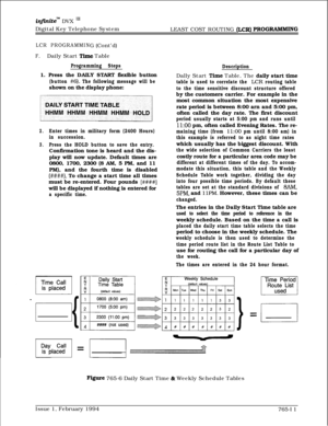 Page 501in.finiteTld DVX I’Digital Key Telephone System
LEAST COST ROUTING 
&CR) PROGRAMMlNG
LCR PROGRAMMING (Cont’d)
F.Daily Start Time Table
Programming Steps1. Press the DAILY START flexible button
(button #6). The following message will beshown on the display phone:
2.Enter times in military form (2400 Hours)
in succession.
3.Press the HOLD button to save the entry.Confirmation tone is heard and the dis-
play will now update. Default times are
0800, 1700, 2300 (8 AM, 5 PM, and 11
PM), and the fourth time is...