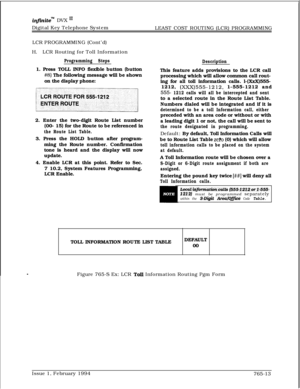 Page 503infhitem DVX I’Digital Key Telephone System
LEAST COST ROUTING (LCR) PROGRAMMING
LCR PROGRAMMING (Cont’d)
H.LCR Routing for Toll Information
Programming Steps1. Press TOLL INFO flexible button (button
#8) The following message will be shown
on the display phone:
2. Enter the two-digit Route List number
(00- 15) for the Route to be referenced in
the Route List Table.3. Press the HOLD button after program-
ming the Route number. Confirmation
tone is heard and the display will now
update.
4. Enable LCR at...