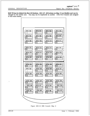 Page 52in..nitem DVX m
GENERAL DESCRIPTION
Digital Key Telephone SystemMAP 
#2 has by default the first 48 Stations, 100-147. All buttons on Map #2 are flexible and can be
changed by the station user. This map can be duplicated on another DSS/DL.S Console and assigned
to thesamestation.
\STA 100
F 1
mElSTA 128
IdSTA 115
p+j
Figure 200-12 DSS Console Map 2
200-20
Issue 1, February 1994 