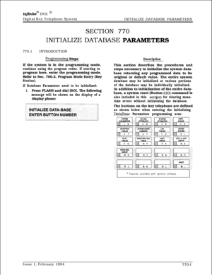 Page 514in@initew DVX I’Digital Key Telephone System
INITIALIZE DATABASE PARAMETERS
SECTION 770INITIALIZE DATABASE 
P-ETERS
770.1INTRODUCTION
Pro@amming Steps
If the system is in the programming mode,
continue using the program codes. If starting toprogram here, enter the programming mode.
Refer to Sec. 700.2, Program Mode Entry (Key
Station).
If Database Parameters need to be initialized:
1.Press FLASH and dial [SO]. The following
message will be shown on the display of adisplay phone:
DescriptionThis section...