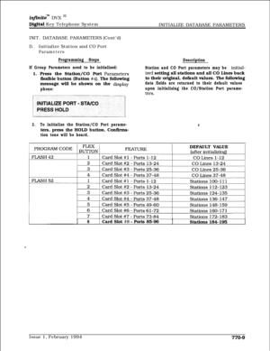 Page 522infznitem DVX I’
Digital Key Telephone System
INITIALIZE DATABASE PARAMETERS
INIT. DATABASE PARAMETERS (Cont’d)
D.Initialize Station and CO Port
Parameters
Programming Steps
If Group Parameters need to be initialized:1. Press the Station/CO Port 
Parametersflexible button (Button 
#4). The following
message will be shown on the 
display
phone:Description
Station and CO Port parameters may be 
initial-
ized setting all stations and all CO Lines back
to their original, default values. The following
data...