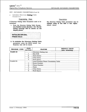 Page 528infznite” DVX I’Digital Key Telephone System
INIT. DATABASE PARAMET
ERS (Cont’d)INITIALIZE DATABASE PARAMETERS
J.Initialize Directory Dialing Table
Parameters
Programming Steps
If Directory Dialing Table Parameters need to be
initialized:
1.Press the Directory Dialing Table Parame-ters flexible button (Button 
# 10). The fol-
lowing message will be shown on the
display phone:
Descrintion
The Directory Dialing Table parameters may be
initialized setting all data fields to their original,
default values.2....