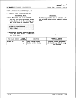 Page 529injinitem DVX I’
IlVfITIALIZE DATABASE PARAMETERS
IN-IT. DATABASE PARAMETERS (Cont’d)
K. Initialize Hunt Group Parameters
Programming Steps
If Group Parameters need to be initialized:
1.Press the Hunt Group Parameters flexiblebutton (Button 
#l 1). The following mes-
sage will be shown on the display phone:
Digital Key Telephone System
Description
Hunt Group parameters may be initialized 
set-ting all data fields to their original, default
values,2. To initialize the Hunt Group parameters,
press the HOLD...