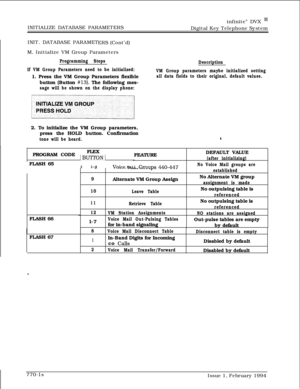 Page 531INITIALIZE DATABASE PARAMETERSinfinite” DVX I’Digital Key Telephone System
INIT. DATABASE PARAMET
ERS (Cont’d)
M. Initialize VM Group Parameters
Programming Steps
If VM Group Parameters need to be initialized:1. Press the VM Group Parameters flexible
button (Button 
#13). The following mes-
sage will be shown on the display phone:Description
VM Group parameters maybe initialized setting
all data fields to their original, default values.2. To initialize the VM Group parameters,
press the HOLD button....