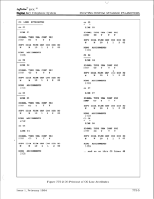 Page 538infinitem DVX I’
Digital Key Telephone System
PRINTING SYSTEM DATABASE PARAMETERS
CO LINE ATTRIBUTES
co 01
LINE 01
SIGNAL TYPE UNA CONF PRI
DTMF CO YY Y
SUPV DISA FLTM GRP COS DIR RD
NN10 1 1 2 00
RING ASSIGNMENTS
100Bco 02
LINE 02
SIGNAL TYPE UNA CONF PRI
DTMF CO YY Y
SUPV DISA FLTM GRP COS DIR RD
NN10 1 1 2 00
RING ASSIGNMENTS
100Bco 03co 05
--
LINE 05
SIGNAL TYPE UNA CONF PRI
DTMF CO YY Y
SUPV DISA FLTM GRP COS DIR RD
NN10 1 12 00
RING ASSIGNMENTS
100BCO 06
LINE 06
SIGNAL TYPE UNA CONF PRI
DTMF CO YY...