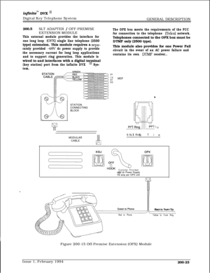 Page 55inftnite” DVX I’Digital Key Telephone System
GENERAL DESCRIPTION
200.5SLT ADAPTER 
/ OFF-PREMISE
EXTENSION MODULE
This external module provides the interface for
one long loop 
(OPX) single line telephone (2500type) extension. This module requires a 
sepa-
rately provided 
-48V dc power supply to provide
the necessary current for long loop applications
and to support ring generation. This module iswired to and interfaces with a digital terminal
(key station) port from the infinite DVX In Sys-
tem.The OPX...