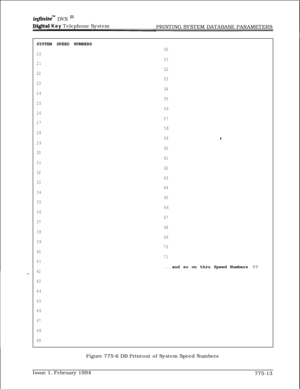 Page 546infinitem DVX I’
Digital Key Telephone System
PRINTING SYSTEM DATABASE PARAMETERS
SYSTEM SPEED NUMBERS
50
20
51
21
52
22
53
23
54
24
55
25
56
26
57
27
58
28
59
.
29
60
30
61
31
62
32
63
33
64
34
65
35
66
36
67
37
68
38
69
39
70
40
71
41
42
43
44
45
46
47
48
49
. . .and so on thru Speed Numbers 99
Figure 775-6 DB Printout of System Speed Numbers
Issue 1, February 1994
775-13 