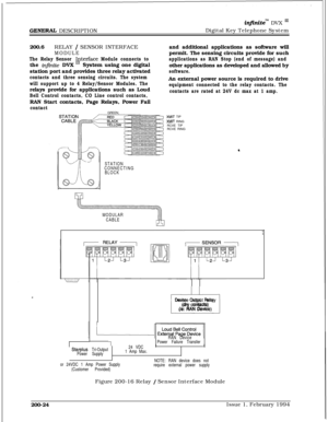 Page 56GENE= DESCRIPTION
in.nitem DVX I’Digital Key Telephone System
200.6RELAY 
/ SENSOR INTERFACE
MODULE
The Relay Sensor @terface Module connects tothe 
i@nite DVXSystem using one digital
station port and provides three relay activated
contacts and three sensing circuits. The system
will support up to 4 Relay/Sensor Modules. Therelays provide for applications such as Loud
Bell Control contacts, CO Line control contacts,RAN Start contacts, Page Relays, Power Fail
contactand additional applications as software...