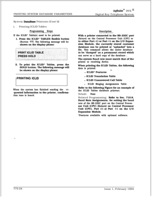 Page 557PRINTING SYSTEM DATABASE PARAMETERSin.nitem DVX mDigital Key Telephone System
System 
DataBase Printouts (Cont’d)
I.Printing ICLID Tables
Programming Steps
Description
If the ICLID* Table(s) need to be printed:1. Press the ICLID* TABLES flexible button
(Button #9). The following message will beshown on the display phone:With a printer connected to the RS-232C port
(future) on the Central Processor Unit (CPU) orto either Port 
#3 or Port #4 on the I/O Expan-
sion Module, the currently stored customer...