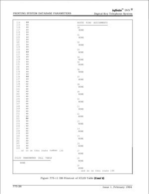 Page 559PRINTING SYSTEM DATABASE PARAMETERSinfinitem DVX I’Digital Key Telephone System
114##
115##
116##
117##
118##
119##
120##
121##
122##
123##
124##
125##
126
##
127##
128##
129##
130##
131##
132##
133##
134##
135##
136
##
137##
138##
139##
140##
141##
142##
143##
144##
145##
146##
147##
148##
149##
150##
151##
152##
153
##
154##
155##
156##
157##
158##
159##
160##
161##
162##
163##
164##
165##
. . . andsoonthruroutenumber
ICLID UNANSWERED CALL TABLEROUTE RING ASSIGNMENTS
00NONE
01
NONE
02
NONE
03
NONE...