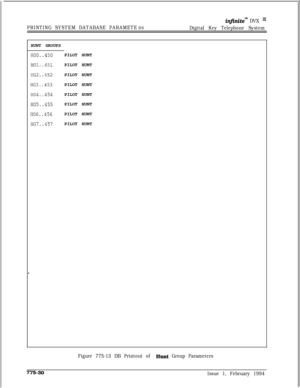 Page 563infiniteTM DVX I’
PRINTING SYSTEM DATABASE PARAMETE
RSDigital Key Telephone System
.HUNT GROUPS
HG0..450
HGl..451
HG2..452
HG3..453
HG4..454
HG5..455
HG6..456
HG7..457PILOT HUNT
PILOT HUNT
PILOT HUNT
PILOT HUNT
PILOT HUNT
PILOT HUNT
PILOT HUNT
PILOT HUNT
Figure 775-13 DB Printout of Hunt Group Parameters
775-30
Issue 1, February 1994 