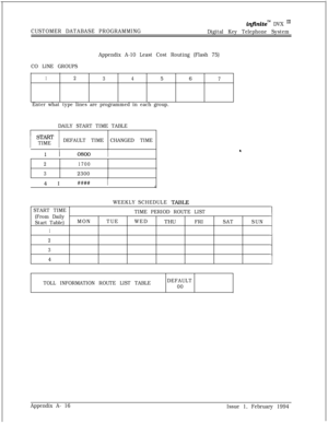 Page 594infinite”l DVX I’
CUSTOMER DATABASE PROGRAMMING
Digital Key Telephone System
Appendix A-10 Least Cost Routing (Flash 75)
CO LINE GROUPS
12
34567
Enter what type lines are programmed in each group.
DAILY START TIME TABLE
I I
START
TIMEDEFAULT TIMECHANGED TIMEI
1 I
21700
3
2300I4 I
J
WEEKLY SCHEDULE TABLE
START TIME
TIME PERIOD ROUTE LIST
(From Daily
Start Table)MONTUEWEDTHU
FRISATSUN
1
2
3
4
TOLL INFORMATION ROUTE LIST TABLEDEFAULT
00
Appendix A- 16
Issue 1, February 1994 