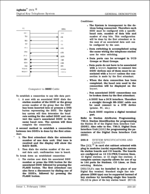 Page 61infhiteTM DVX I’Digital Key Telephone System
GENERAL DESCRIPTION
PCDDIU
GND 11 GND
TD2+ 2RD
RD313TDSG7
7SG
RTS 4
b 4RTS
CT.%4-SCTS
DTR 20
w 200TR
DSRG16 OSR
DCDB 4a DCD
RI224-ZZRI
TXCLKi5115TxcLKRXCLKi7 (17RXTLKI
IComputer to 
DDIU Cable
To establish a connection to any idle data port:
1.A user with an associated DDIU dials thestation number of the DDIU or the group
access number of the group that the DDIUhas been inserted into or presses a DSS
button representing the DDIU. The digital
key system will...