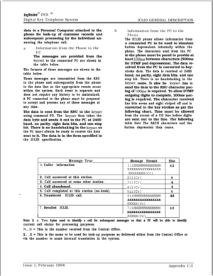 Page 607inftnite”” DVX I’Digital Key Telephone System
ICLID GENERAL DESCRIPTION
data to a Personal Computer attached to the
phone for look-up of customer records and
subsequent processing by the individual an-
swering the telephone call.
aInformation from the Phone to the
PCThe messages are provided from the
keyset to the connected PC are shown in
the table below.
The formats of these messages are shown in the
table below.
These messages are transmitted from the KSU
to the phone and subsequently from the phone...