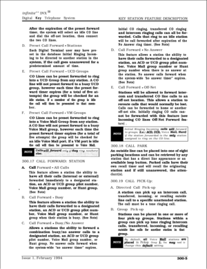 Page 84infinite”” DVX ‘I1
Digital Key Telephone SystemKEY STATION FEATURE DESCRIPTION
After the expiration of the preset forward
timer, the system will select an idle CO line
and dial the off-net location, then connect
the two CO lines.
D.Preset Call Forward - Stations
Each Digital Terminal user may have pre-
set in the database Initial Ringing Incom-
ing to be directed to another station in thesystem, if the call goes unanswered for a
predetermined amount of time.
E.Preset Call Forward - UCD Groups
CO Lines...
