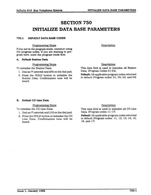 Page 113InfZnite 816 Key Telephone System INi- DATA BASE PARAMETERS 
SECTION 750 
INITIALIZE DATA BASE PARAMETERS 
750.1 DEFAULT DATA BASE CODES 
gmrnmhg Steps 
If you are in the program mode, continue using 
the program codes. If you are starting to pro- 
gram here, enter the program mode first. 
A Default Station Data Description 
Programming Steps 
To initialize the Station Data: 
1. Dial an (*) asterisk and [OO] on the dial pad. 
2. Press the HOLD button to initialize the 
Statlon Data. Confirmation tone...