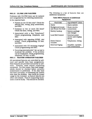 Page 121Infinite 826 Xey Telephone System BIARWENANCE AND TROUBLESHOOTING 
800.10 CO/PB2C LINE FAILURES 
Problems with CO/PBX lines can be isolated 
and categorized by the following statements: 
Is the reported fault: The folowing is 
a list of features that use 
additional equipment: 
Table 800-2 Features w/additional 
Equipment 
l 
Present on one CO line only? Check the 
affected line, wiring, plug connections. 
and KSU. 
l Common to two or more CO lines? 
Check the lines, wiring, and KSU. 
l Associated with a...