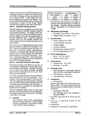 Page 61ruption, the first three CO/PBX lines will auto- 
matically transfer to single line telephones (if 
installed) for emergency communicatfons (Re- 
fer to Figure 500-6). These single line tele- 
phones should be equipped with ringers. They 
can be MMF-type instruments or rotary dial. 
Connection is made on the Power Failure 
Transfer jack located on the side of the KSU. 
500.15 BEAD!3ET INSTALLATION 
The Key Telephone is designed to operate with 
industry standard modular headset adapters 
and operator...