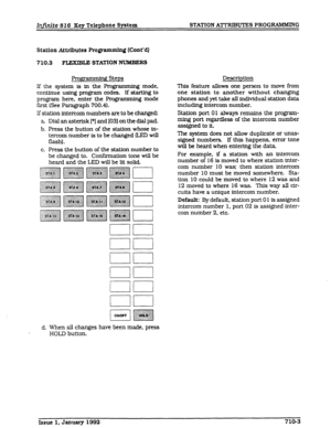 Page 81Infinite 816 Key Telephone System STATION ATTRIBUTES PROG-G 
Station Attributes 
Programming (Cont’d) 
710.3 
F- STATION NUh3BERS 
gpmmirg Steps 
Descriptton 
If the system is in the Programming mode, 
continue using program codes. If starting to 
program here, enter the Programming mode 
fist (See Paragraph 700.4). 
If station intercom numbers are to be changed: 
a. Dial an asterisk [*I and 1031 on the dial pad. 
b. Press the button of the station whose in- 
tercom number is to be changed (LED will...